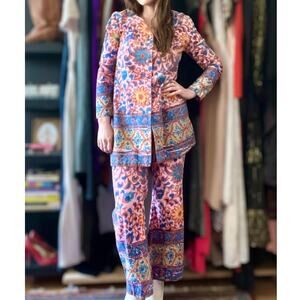 Vintage 70s Psychedelic Floral Set | Tunic + Flared Pants | Indian Cotton | XS/S